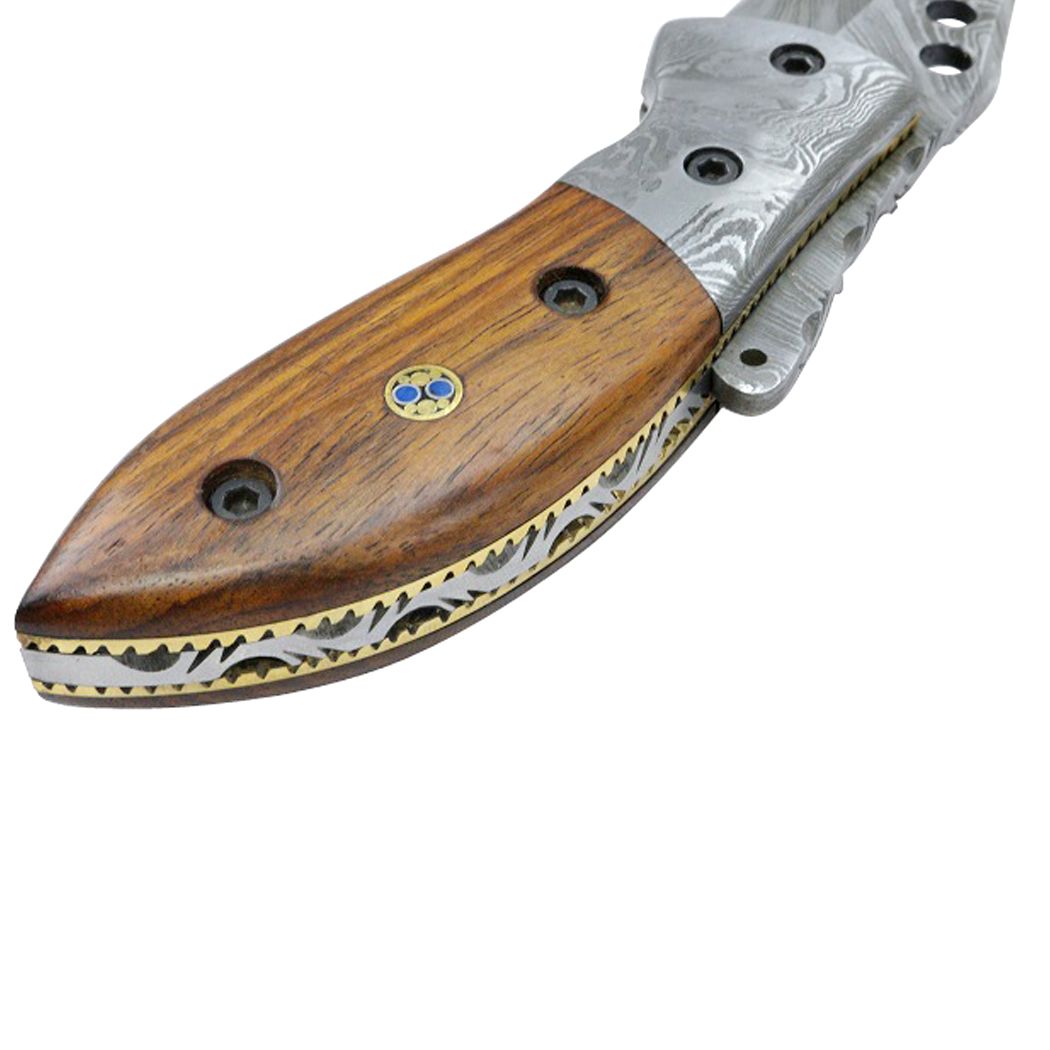 MXC 7" Damascus Blade & Wood Handle Folding Knives Handmade with Sheath
