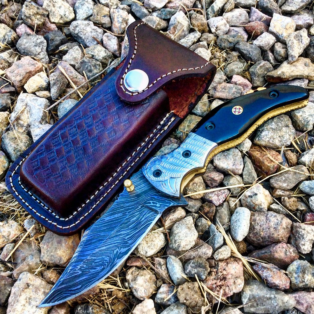 MXC 7. 5” BoneEdge Damascus Blade Folding Knife Black Handle With Leather Sheath