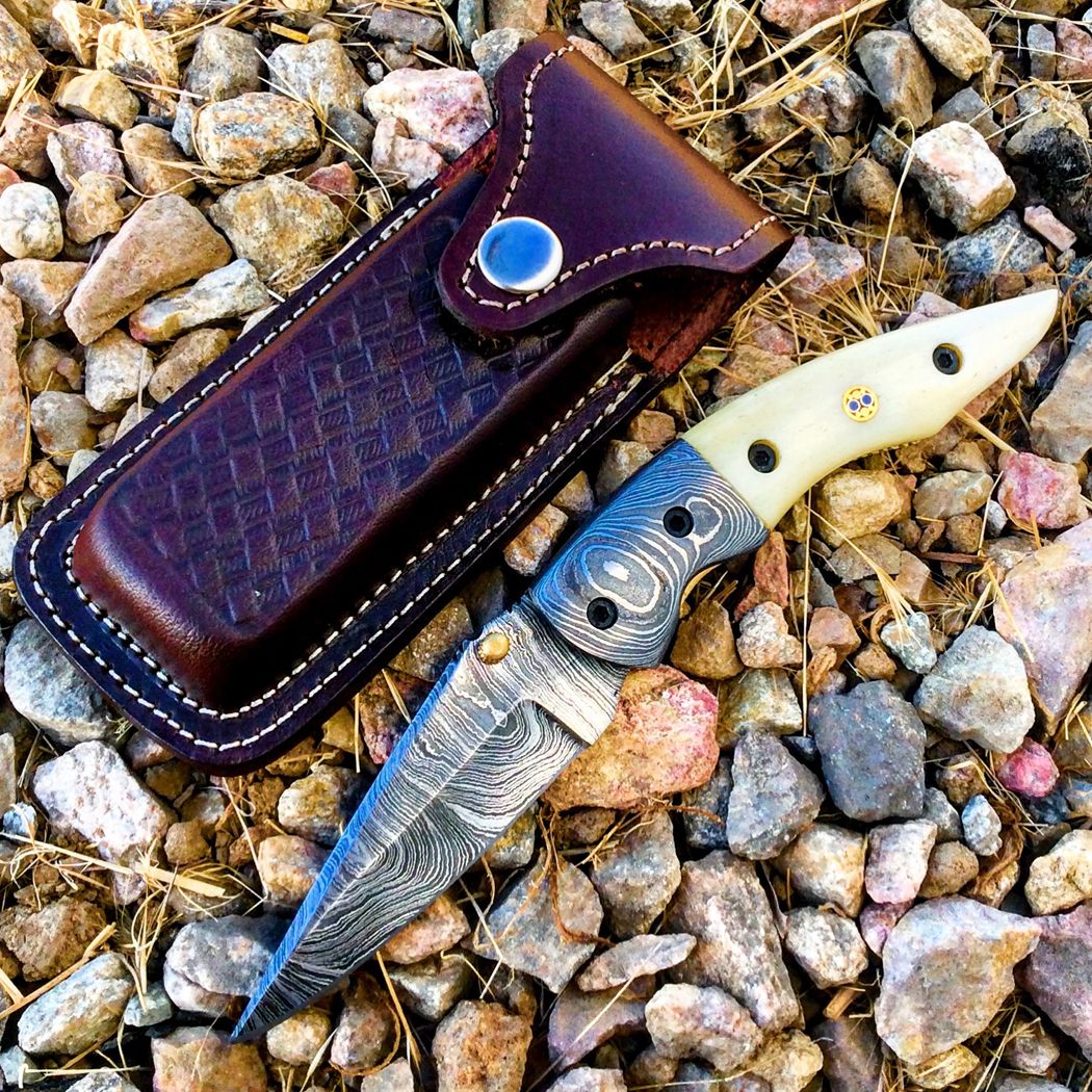 MXC BoneEdge 7.5” Damascus Blade Folding Knife White Handle With Leather Sheath