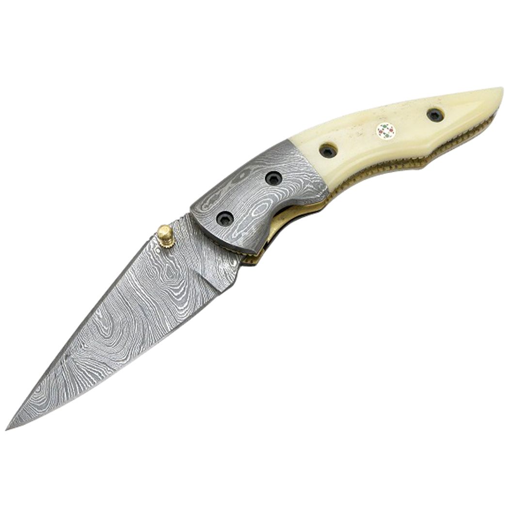 MXC BoneEdge 7.5” Damascus Blade Folding Knife White Handle With Leather Sheath