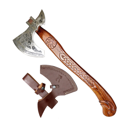 MXC 29.5" Steel Etching Blade Hunting Axe Brown Wood Engraved Handle With Sheath