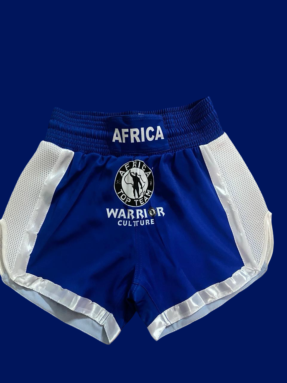 Africa Top Team Warrior Culture Blue/White Muay Thai Shorts, Kick Boxing
