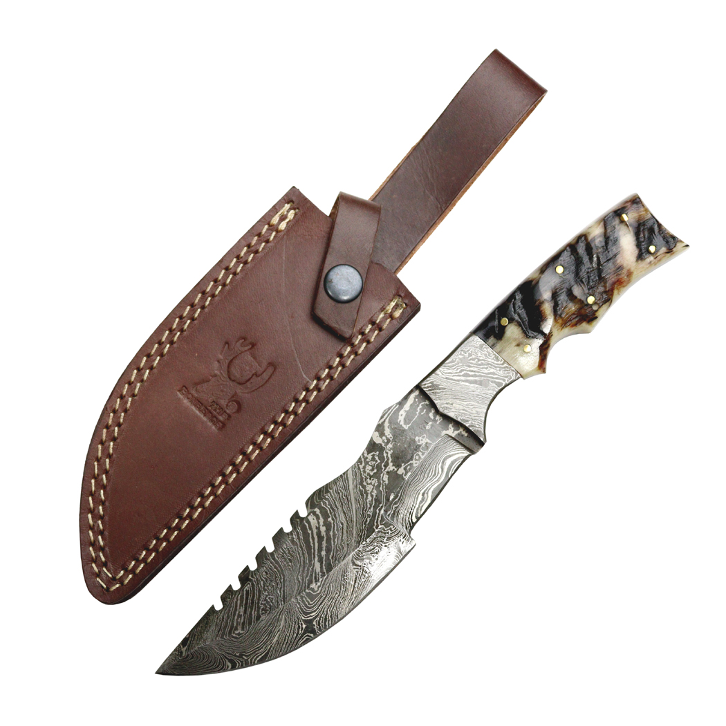 MXC 10.5" Damascus Steel Fixed Blade Full Tang Black Ram Horn Handle Hunting Knife