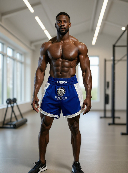 Africa Top Team Warrior Culture Blue/White Muay Thai Shorts, Kick Boxing