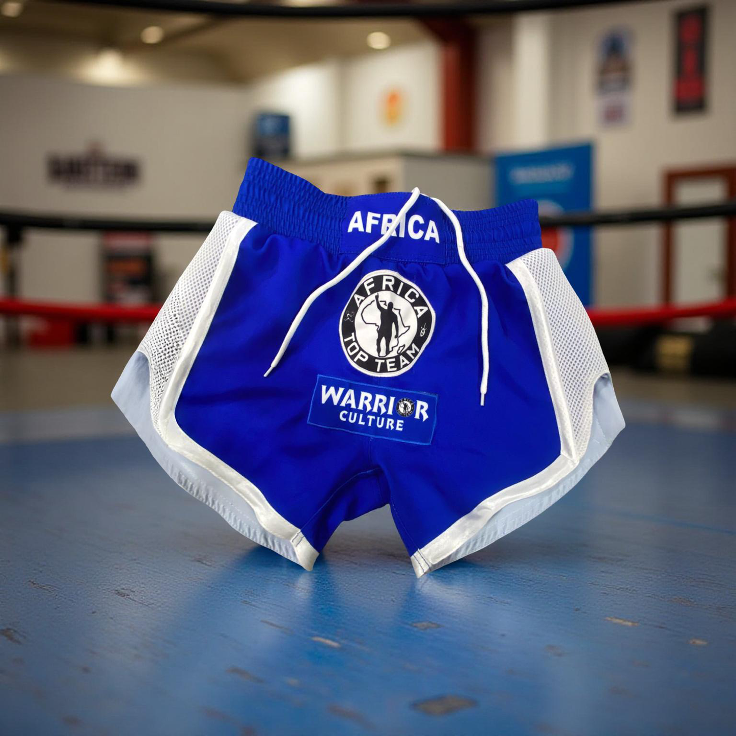 Africa Top Team Warrior Culture Blue/White Muay Thai Shorts, Kick Boxing