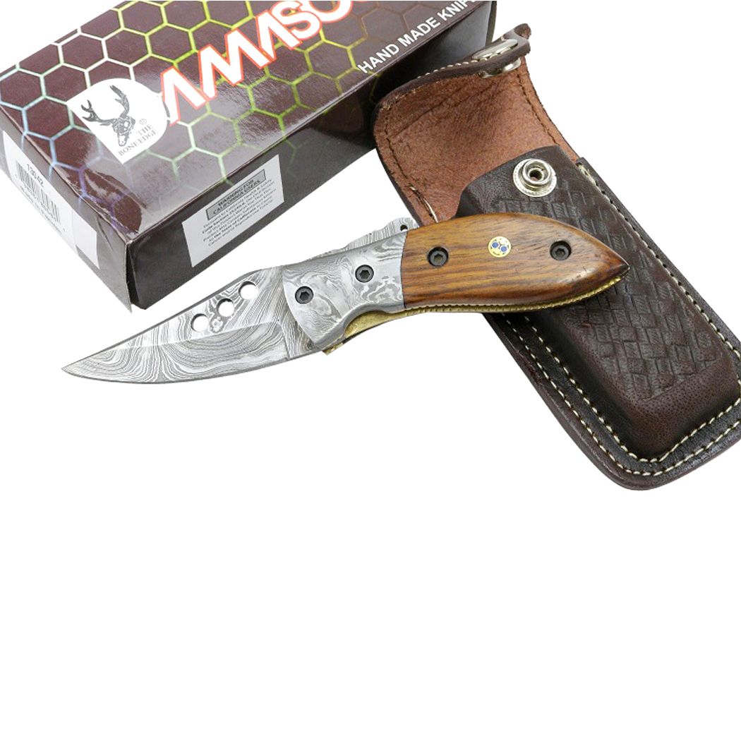 MXC 7" Damascus Blade & Wood Handle Folding Knives Handmade with Sheath
