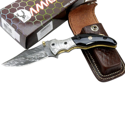 MXC 7. 5” BoneEdge Damascus Blade Folding Knife Black Handle With Leather Sheath
