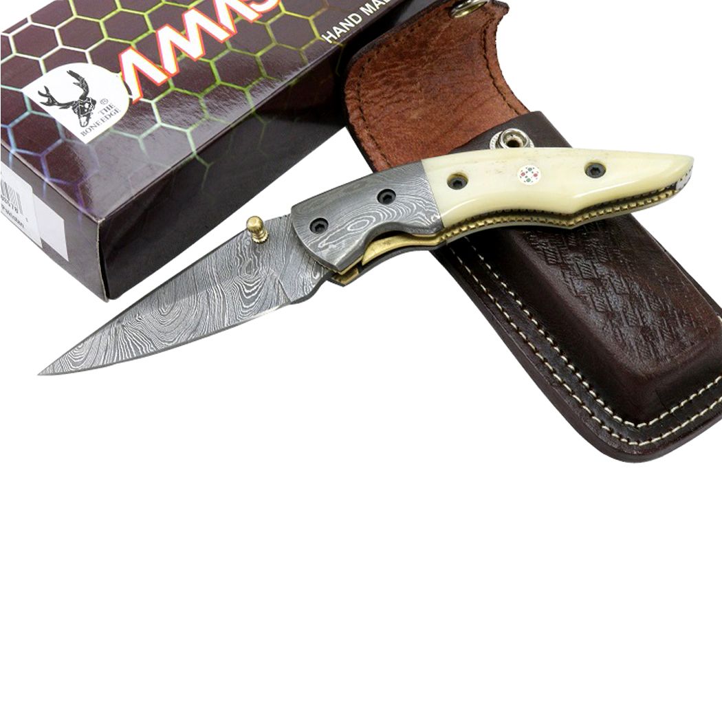 MXC BoneEdge 7.5” Damascus Blade Folding Knife White Handle With Leather Sheath