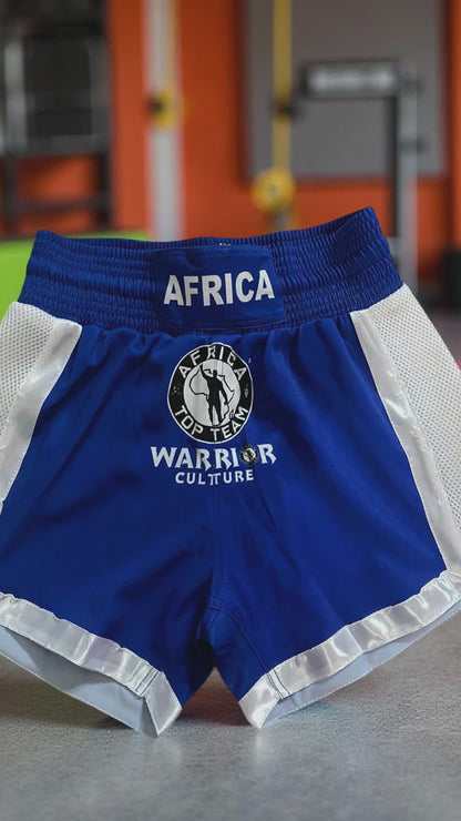 Africa Top Team Warrior Culture Blue/White Muay Thai Shorts, Kick Boxing