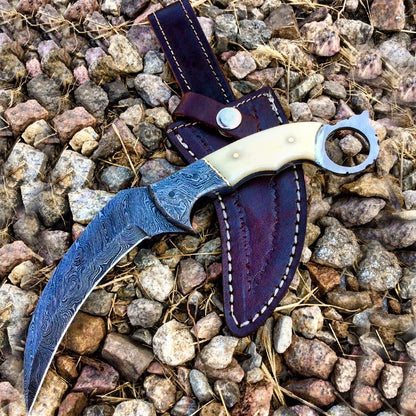 MXC BoneEdge 9.5" Damascus Blade Beautiful Karambit Knife With Leather Sheath
