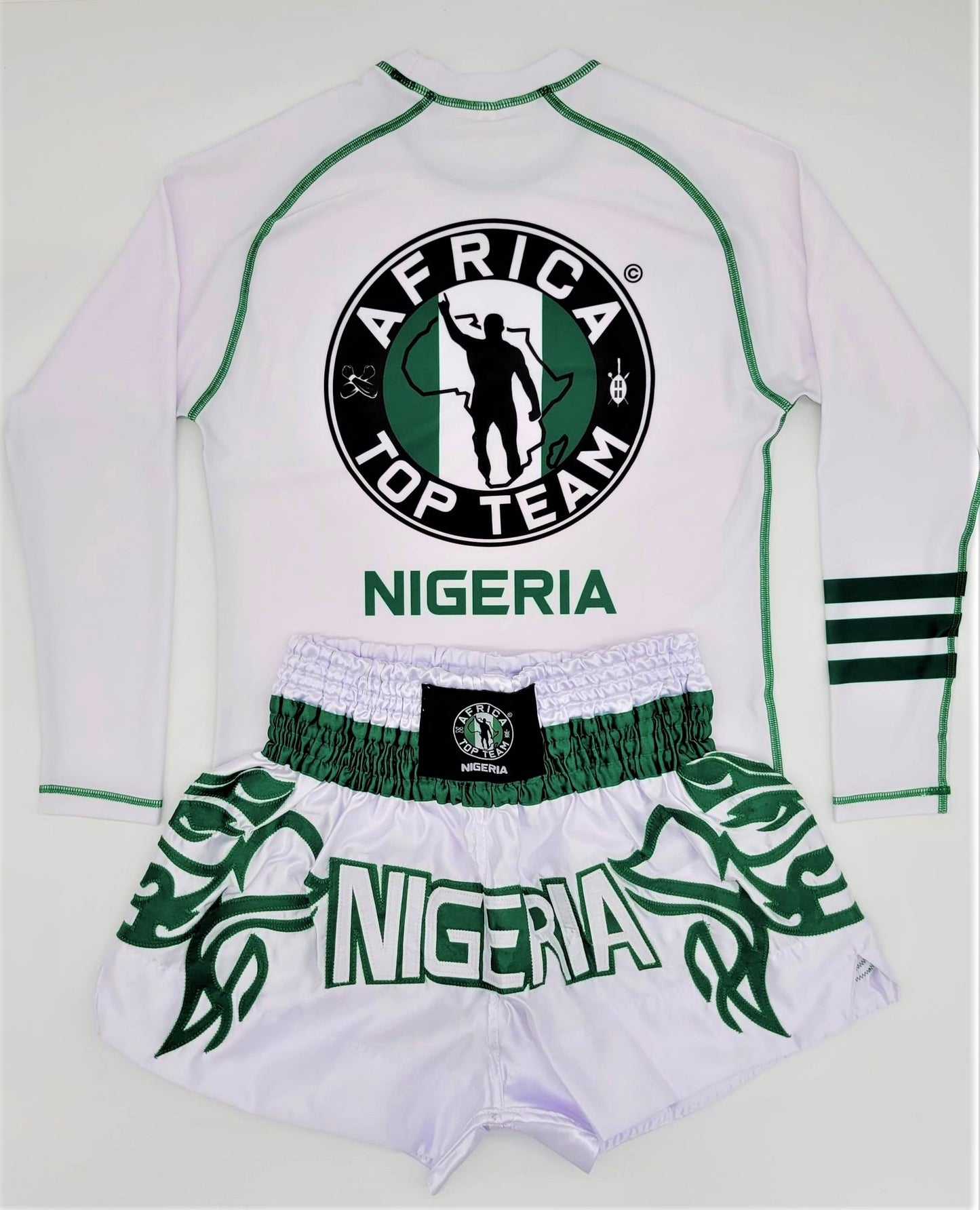 Africa Top Team Nigeria White/Green Rash guard and Muay Thai Set    Boxing, MMA