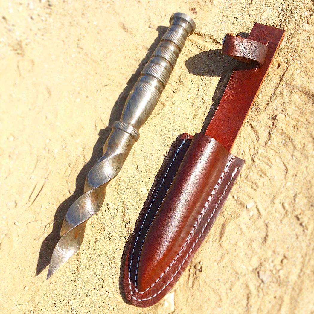 MXC BoneEdge 10" Damascus Hunting Knife Kris Blade with Leather Sheath Full Tang